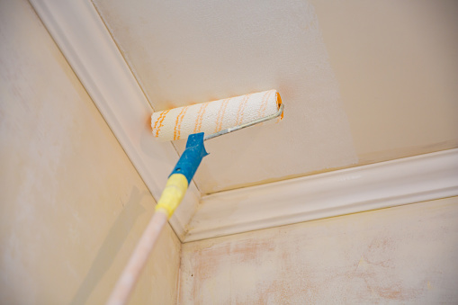 Painting A Gypsum Plaster Ceiling With Paint Roller Stock