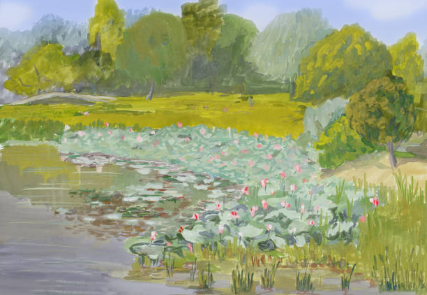 painting gouache on paper - Blossoming lotuses in Volga river delta stock photo