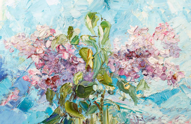 Painting oil on canvas - Bouquet of lilac against the sky. stock photo