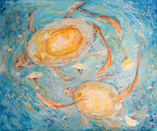 Painting oil on canvas - Two yellow turtles swimming in blue water. stock photo