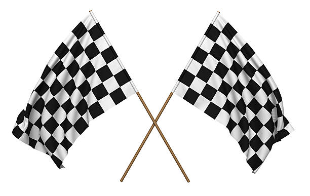 A pair of checkered flags that could be used for racing 3D rendering of a checkered flags. Clipping path included. race flag stock pictures, royalty-free photos & images