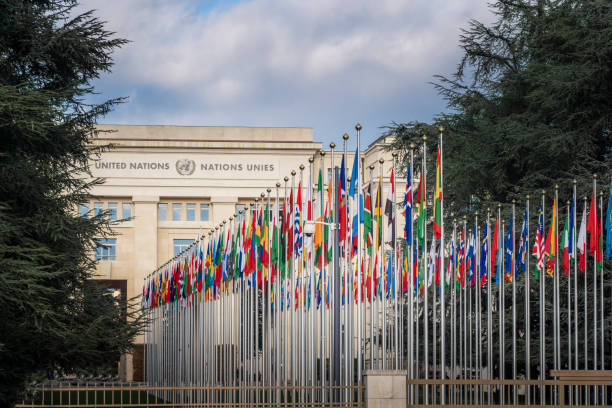 Palace of Nations and Country flags - United Nations Office - Geneva, Switzerland stock photo