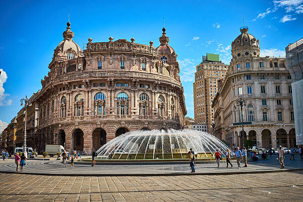 "palazzo della borsa", grande fontana in piazza centrale a genova - genova foto e immagini stock