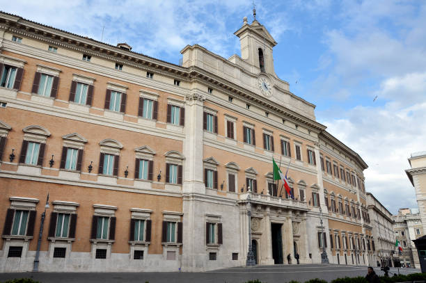 Palazzo Montecitorio palace in Rome, Italy, the seat of the Italian Chamber of Deputies stock photo