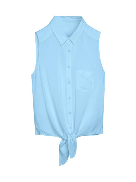 Pale light blue elegant summer sleeveless woman blouse shirt with a collar, buttons and tie isolated white Pale light blue elegant summer sleeveless woman blouse shirt with a collar, buttons and tie isolated white blouse stock pictures, royalty-free photos & images