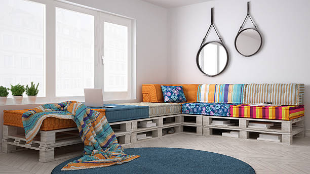 DIY pallet couch sofa, scandinavian white living, interior desig stock photo