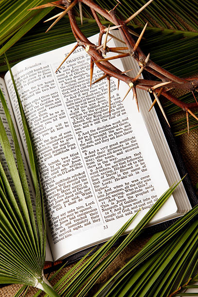 Palm Branches and Crown of Thorns with KJV Bible  good friday stock pictures, royalty-free photos & images