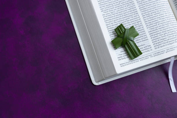 croix de palmier sur bible ouverte avec un fond violet - good friday photos et images de collection