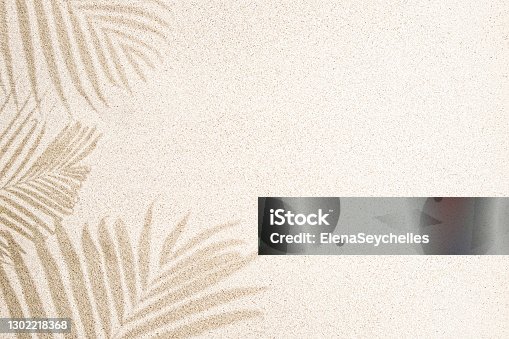 istock Palm leaf shadow on sand, top view, copy space 1302218368