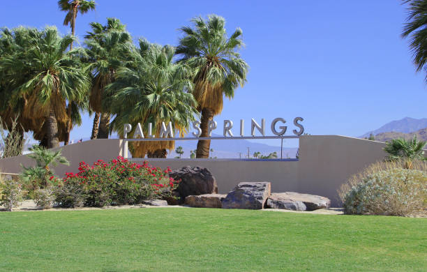 Palm Springs California City Sign West The welcome sign for Palm Springs located on the west end of Hwy 111 palm springs california stock pictures, royalty-free photos & images