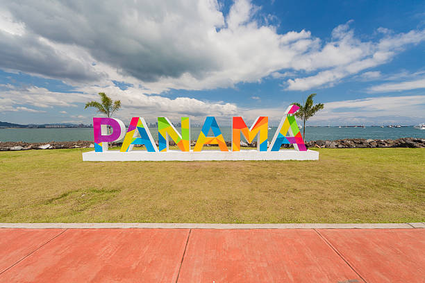 Panama lettering on the Causeway in Panama City stock photo