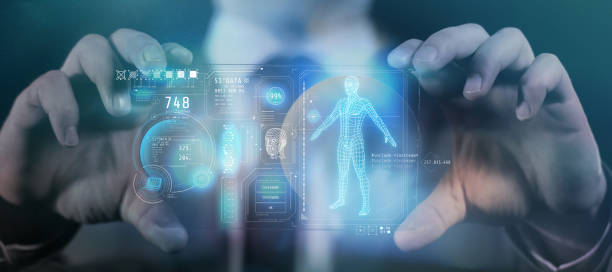 Panel of the gadget of the future with data about a person. 3D render stock photo
