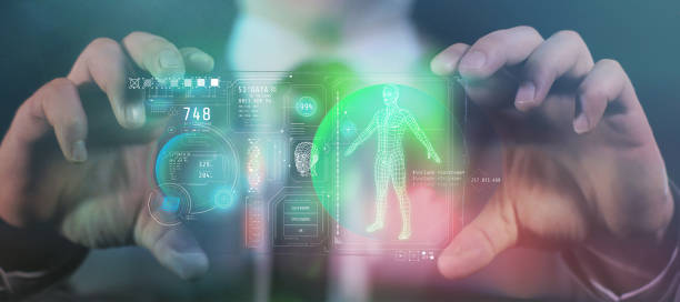 Panel of the gadget of the future with data about a person. stock photo