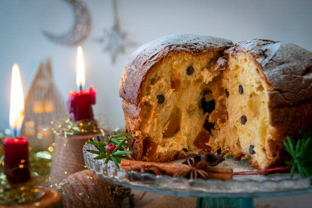Panettone, traditional italian Christmas cake stock photo