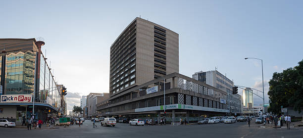 Pano of modern office blocks in downtown Harare, Zimbabwe stock photo