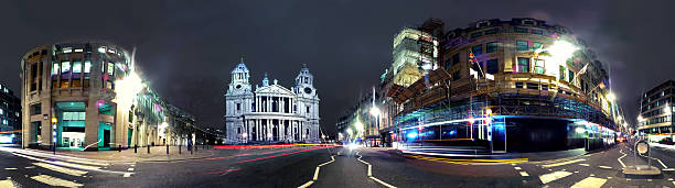 Panorama at night of St Paul's Cathedral HDR panorama on Ludgate Hill towards St Paul's Cathedral at night.  high dynamic range imaging stock pictures, royalty-free photos & images