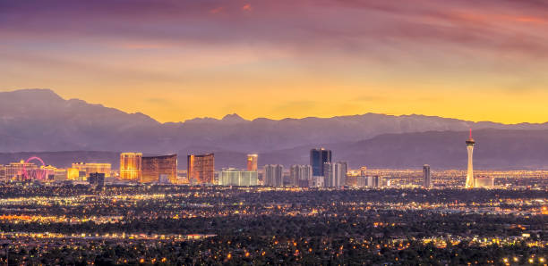 Panorama cityscape view of Las Vegas at sunset in Nevada Panorama cityscape view of Las Vegas at sunset in Nevada, United States of America las vegas stock pictures, royalty-free photos & images