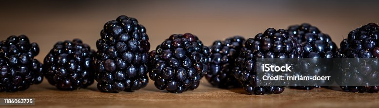 istock Panorama, closeup of fresh raw blackberries on wooden table, Rubus sectio rubus 1186063725