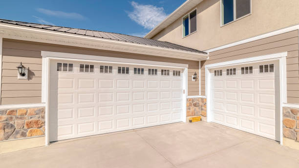 Panorama frame Drive way and garage of modern two storey home stock photo