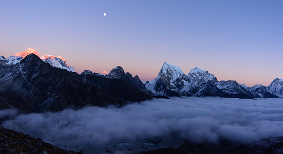 Panorama at dusk with the view from Gokyo Ri in Khumbu Himal in Nepal.