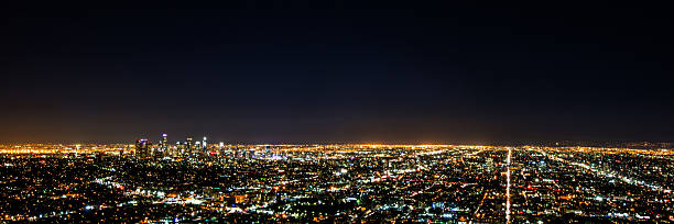 Panorama long exposure night view of downtown Los Angeles downtown stock photo