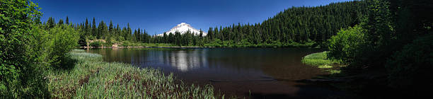 Panorama: Mountain Reflected in Secluded Lake stock photo