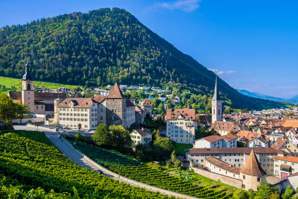 Panorama of Chur, Switzerland Panorama of the beautiful old town of Chur, the capital town of the Swiss canton of Graubunden. In foreground vineyards and the former prison Sennhof. graubunden canton stock pictures, royalty-free photos & images