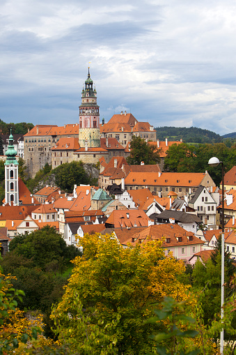 Panorama of city and historic castle in Cesky Krumlov. Czech Republic.