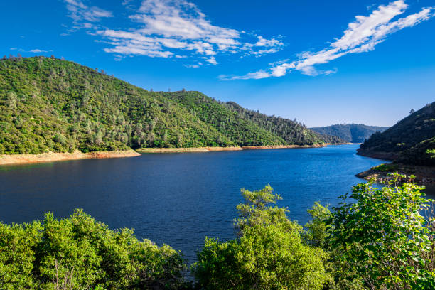 Panorama of Don Pedro Reservoir and Sierra Nevada stock photo