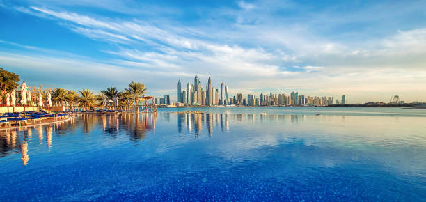 Panorama of Dubai Marina Skyline, United Arab Emirates stock photo