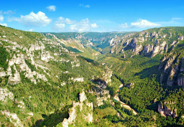 Panorama of Gorges du Tarn .Occitanie. La France. It is a canyon of the region of Causses, mainly of Lozère, but also of the department of Aveyron. For millennia, the water has dug this fabulous valley. gorges du tarn stock pictures, royalty-free photos & images