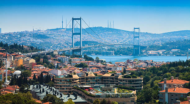 Panorama of Istanbul city view and Bosphorus Bridge stock photo