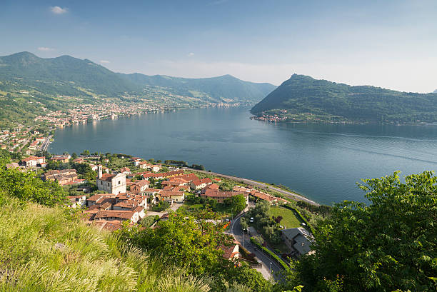Panorama of Lake Iseo and Monte Isola island in Italy stock photo