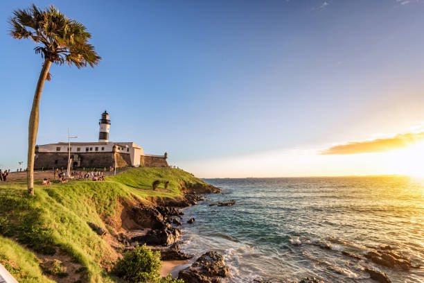 panorama of Lighthouse in Salvador at sunset hour stock photo