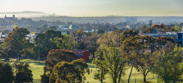 Panorama of Melbourne suburbs, from Brunswick looking towards the east on a misty morning stock photo