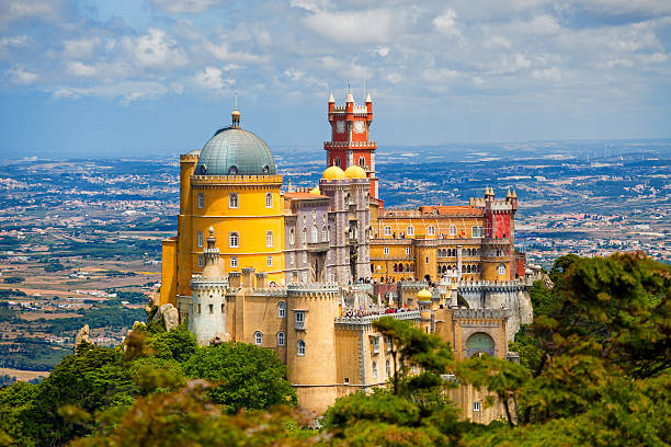 Panorama of Pena National Palace above Sintra town stock photo