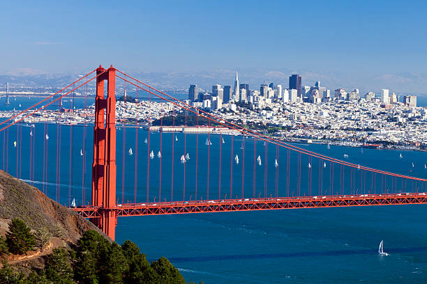 Panorama of San Francisco cityscape and Golden Gate Bridge stock photo