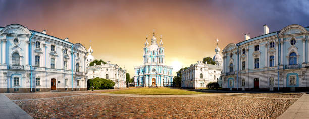 Panorama of Smolny cathedral at sunrise, Saint Petersburg - Russia stock photo