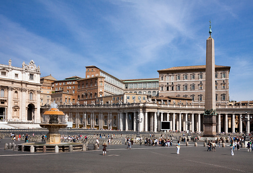 Vatican (Rome) - Italy - The panorama view of St Peter's square along with St Peter's basilica colonnade and obelisk towards apostolic palace with residence of the pope