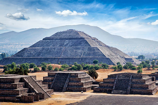 panorama of teotihuacan pyramids - old stone stair stockfoto's en -beelden