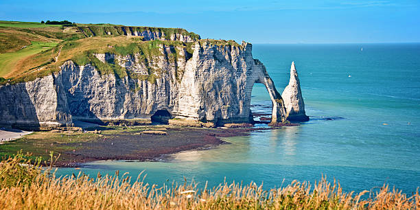 Panorama of the cliff of Etretat, Normandy, France stock photo