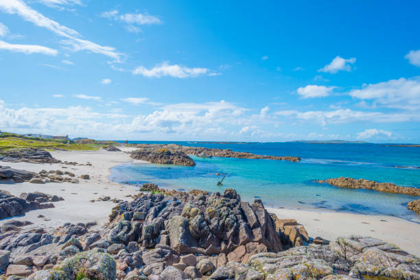Panorama of the coast of an irish island in the atlantic ocean in summer Panorama of the coast of an irish island in the atlantic ocean in summer connemara stock pictures, royalty-free photos & images