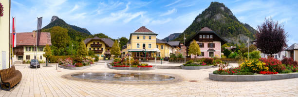 Panorama of the village Fuschl am See in Austria Fuschl am See, Austria, 09/24/2020:Panorama of the Dorfplatz (market place) in the village Fuschl am See in Austria fuschl lake stock pictures, royalty-free photos & images