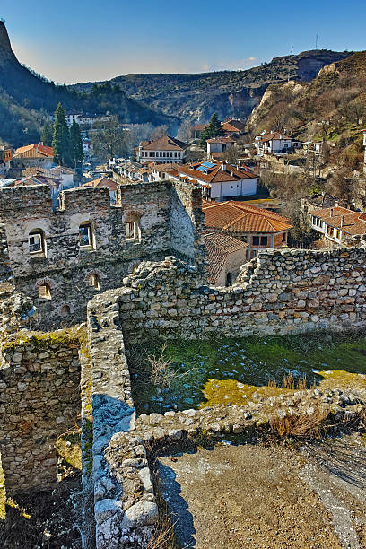 Panorama of town of Melnik from Ruins of Byzantine fortress, Bulgaria stock photo
