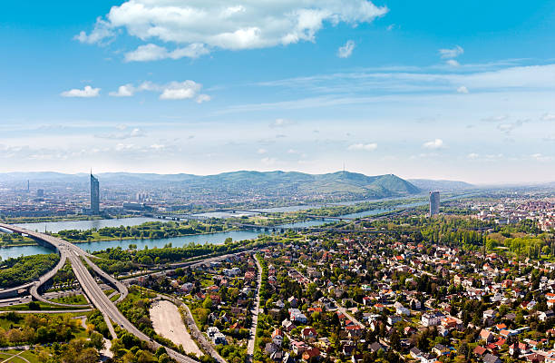 Panorama of Vienna with Danube River & Island (Donauinsel) stock photo