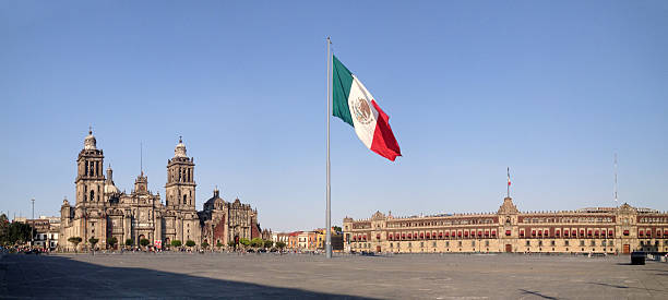 Panorama of Zocalo with Cathderal and National Palace, Mexico City stock photo