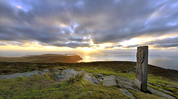 Panorama - South Isle of Man with Celtic Cross stock photo