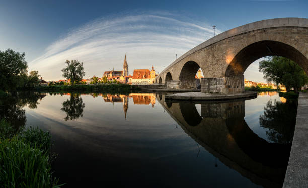 Panorama Steinerne Brücke (the stone bridge) Regensburg Bavaria Germany stock photo