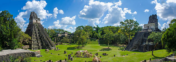 Panorama Tikal  Ruins and pyramids stock photo