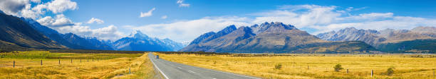 Panorama view of Road leading to mount cook national park, South Island New Zealand, Travel Destinations Concept stock photo